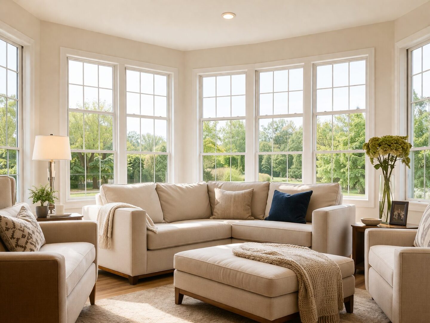 Bright living room with large windows showing improved comfort after window replacement