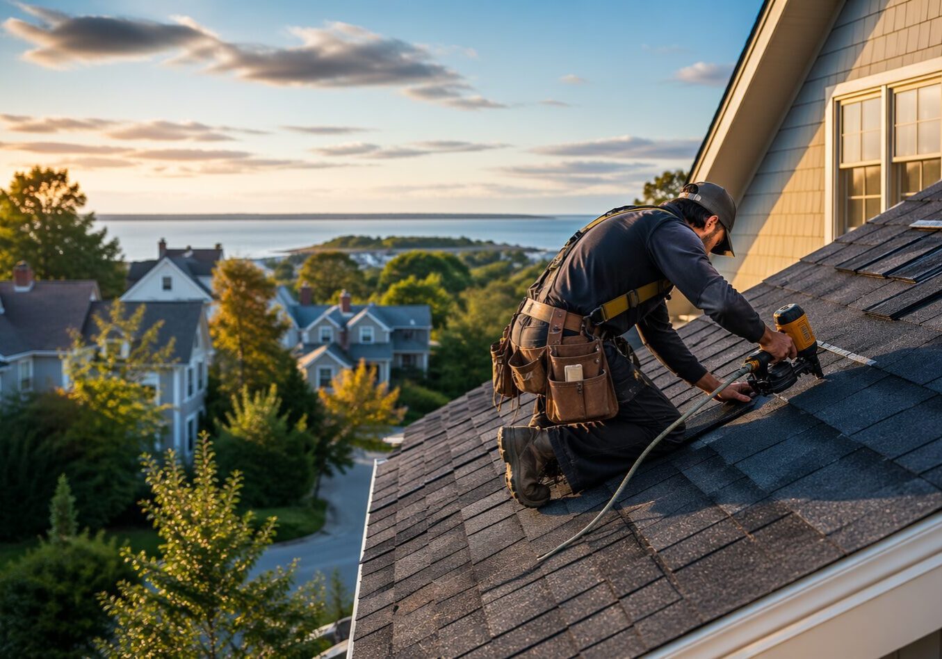 Roofer working at golden hour