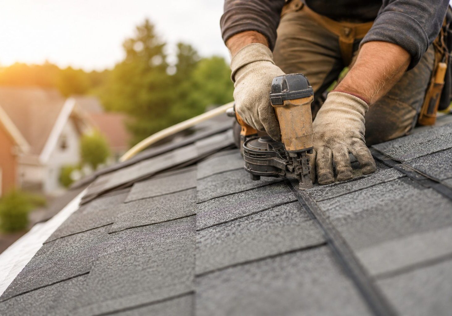 Worker fastening shingles in sunlight