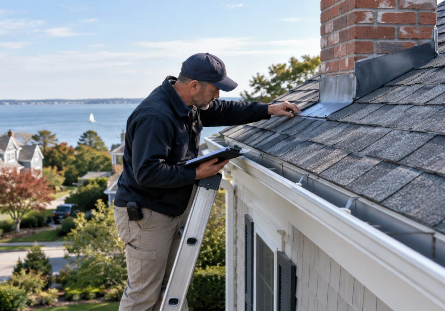 roof inspector checking chimney flashings